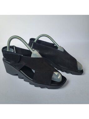 Arche Black Nubuck Slingback Sandals Comfort Wedge Open Toe Hook&Loop Shoes Sz 8